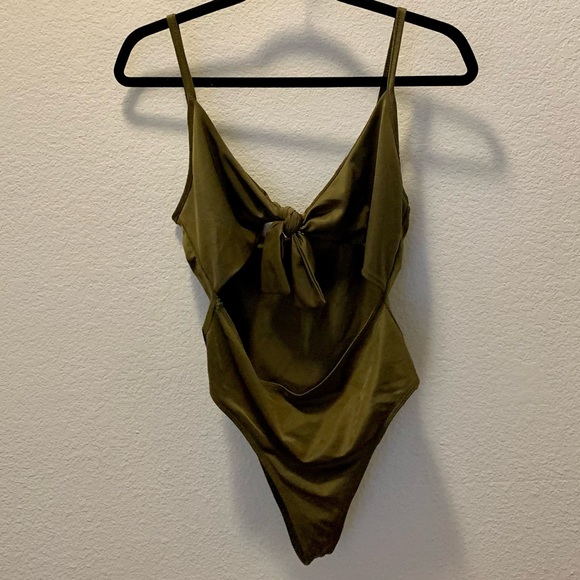 Olive Green Tie Front Cut Out Swimsuit - Picture 8 of 11